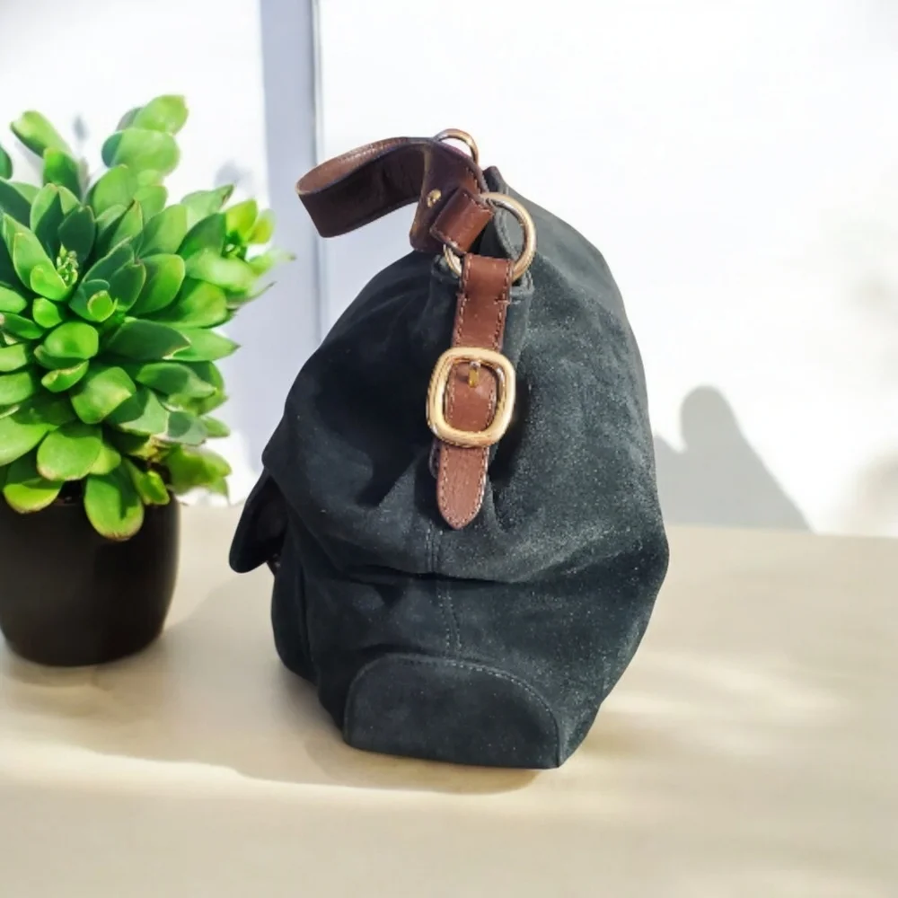 Michael Kors Dark Green‎ Black Suede And Leather Hobo Shoulder Bag